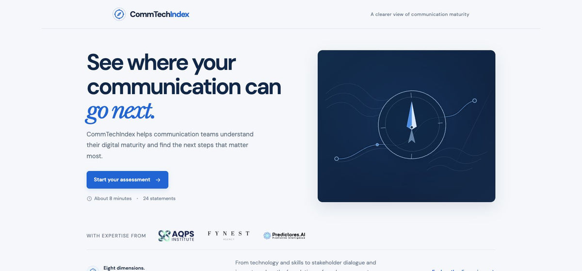 CommTechIndex project website with compass illustration and communication maturity assessment.