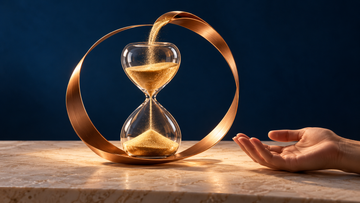 Conceptual hourglass encircled by a copper ribbon returning golden sand to the upper bulb, beside an open hand: a metaphor for who receives the time saved by AI.